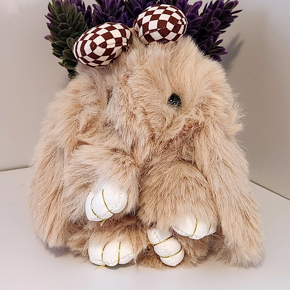 Tan Faux Fur Bunny Rabbit Bag Charm Gold Ring Checkered Bow Keychain 5 Inch